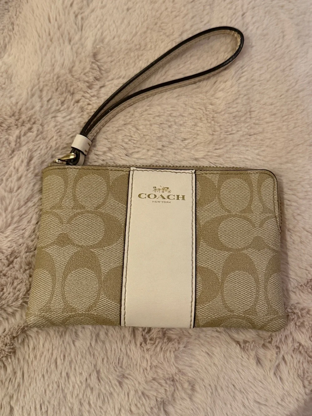 Coach Tan Signature Canvas Wristlet with Cream Center Stripe